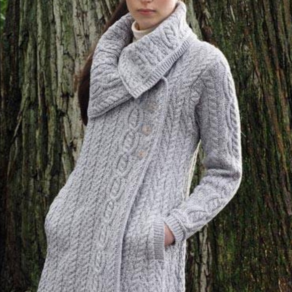 Aran Crafts Sweaters - Aran Craft Sweater Coat -L gray , merino wool ,